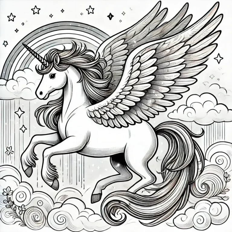 Ein Alicorn-Einhorn-Pegasus, der durch die Wolken fliegt, mit einem Regenbogen im Hintergrund, perfekt für ein magisches und kreatives Ausmalerlebnis.
