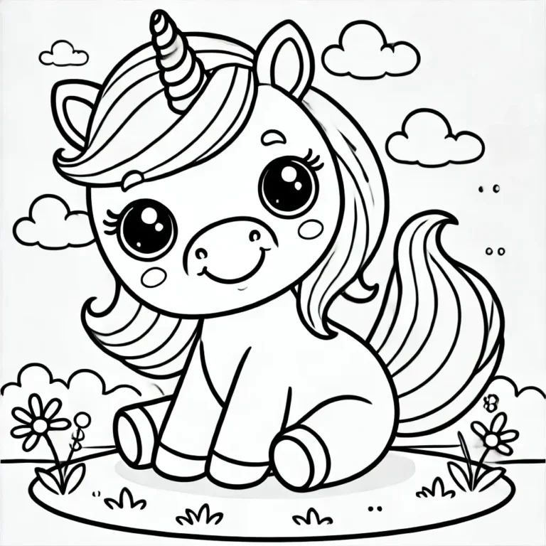 Druckbare Baby-Einhorn-Malseite mit Wolken und Blumen für Kinder