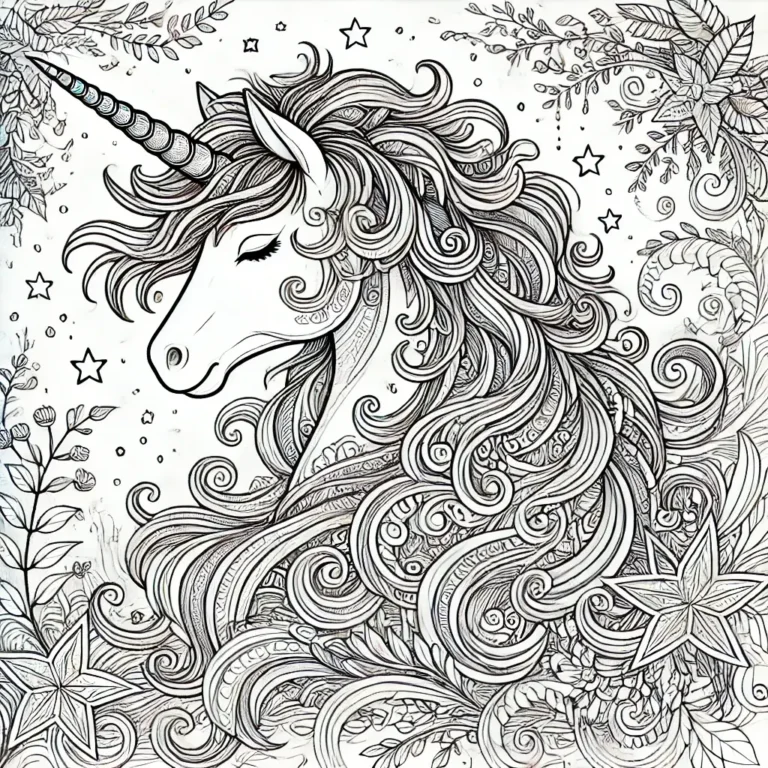 Detailreiches Einhorn-Ausmalbild für Erwachsene mit Blumen, Sternen und einem mondbeleuchteten Hintergrund.