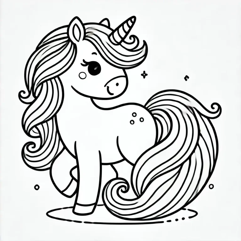 Einfaches Einhorn-Ausmalbild mit fließender Mähne und niedlichem Ausdruck.