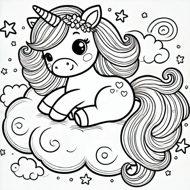 Ein Einhorn sitzt auf einer Wolke mit Sternen und Wirbeln, ideal für ein Ausmalbild.