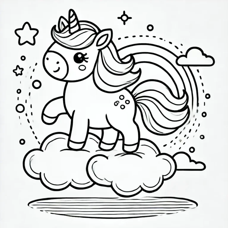 Einhorn-Ausmalbild für Kinder mit Regenbogen, Wolken und Sternen.