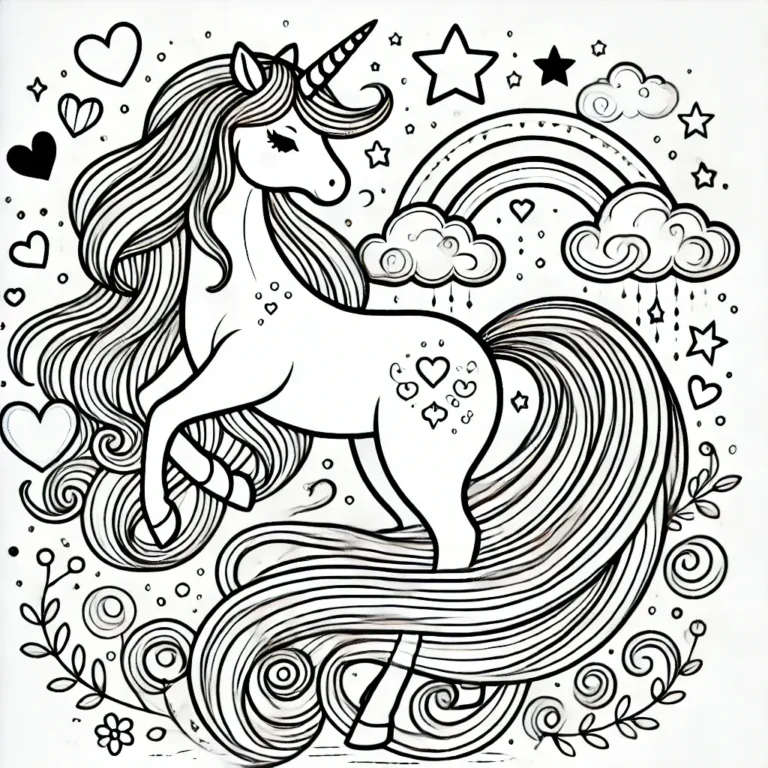 Einhorn-Ausmalbild für Mädchen mit Herzen, Sternen, Regenbogen und Wolken.