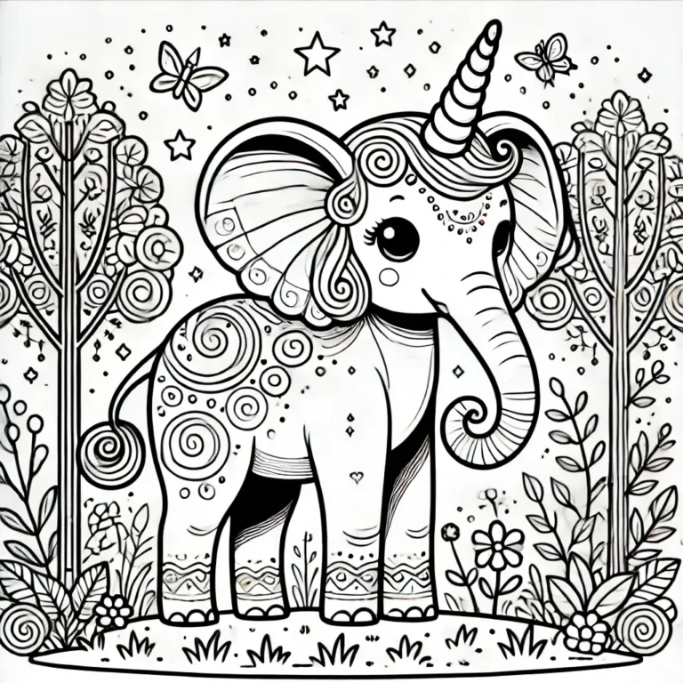 Einhorn-Elefant-Ausmalbild mit wirbelnden Mustern, Blumen und Schmetterlingen.