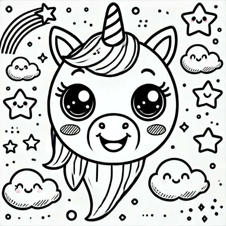 Einhorn-Emoji-Ausmalbild mit süßem Gesicht, Sternen, Wolken und einem Regenbogen.