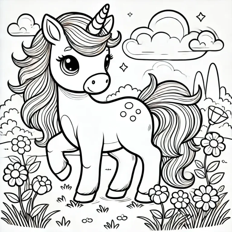 Einhorn-Fohlen-Ausmalbild für Kinder mit Blumen, Wolken und Sternen.