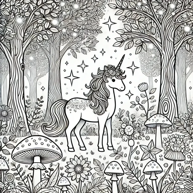 Ausmalbild mit Einhorn im magischen Wald, umgeben von Bäumen, Pilzen, Blumen und Sternen.