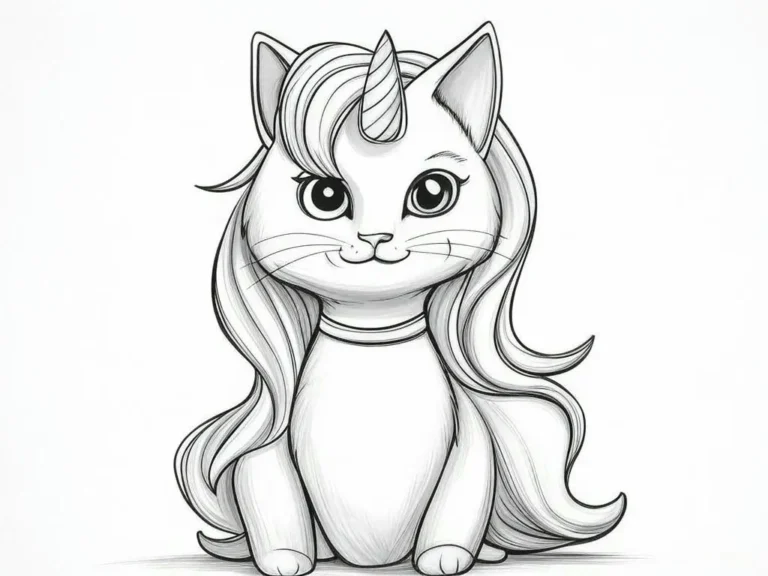 Einhorn-Katze-Ausmalbild mit langen Haaren und einem niedlichen Horn.
