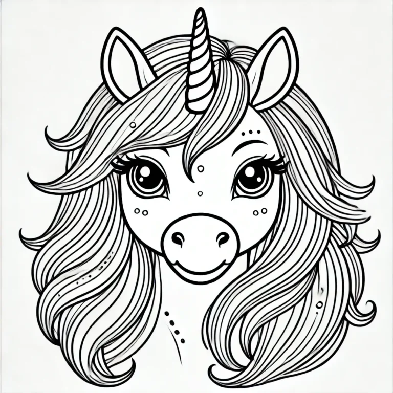 Einhorn-Kopf-Ausmalbild mit langer, fließender Mähne und einem niedlichen Horn.