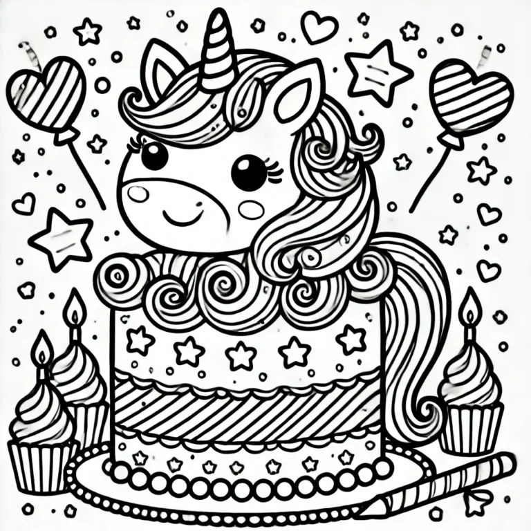 Leckeres Ausmalbild mit Einhorn Kuchen, Sternen und Cupcakes. Jetzt kostenlos als PDF herunterladen, ausdrucken und bunt gestalten!