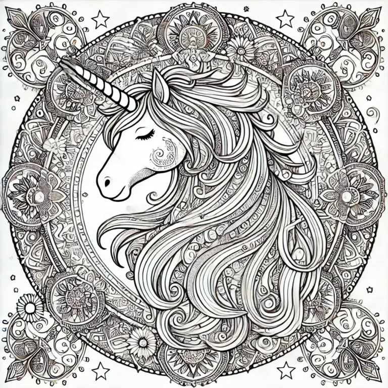 Ausmalbild mit Einhorn, umgeben von einem detaillierten Mandala-Design mit Blumen, Sternen und komplexen Mustern.