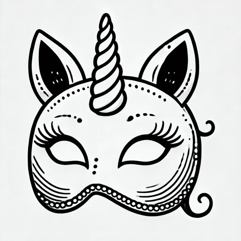 Ausmalbild einer Einhornmaske mit detaillierten Merkmalen, einschließlich eines gedrehten Horns, Ohren und zarten Details.