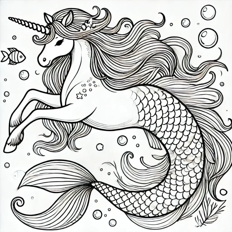 Ausmalbild einer Einhorn-Meerjungfrau mit fließendem Haar, einem fischähnlichen Schwanz mit Schuppen, umgeben von Blasen und einem Fisch, der daneben schwimmt.