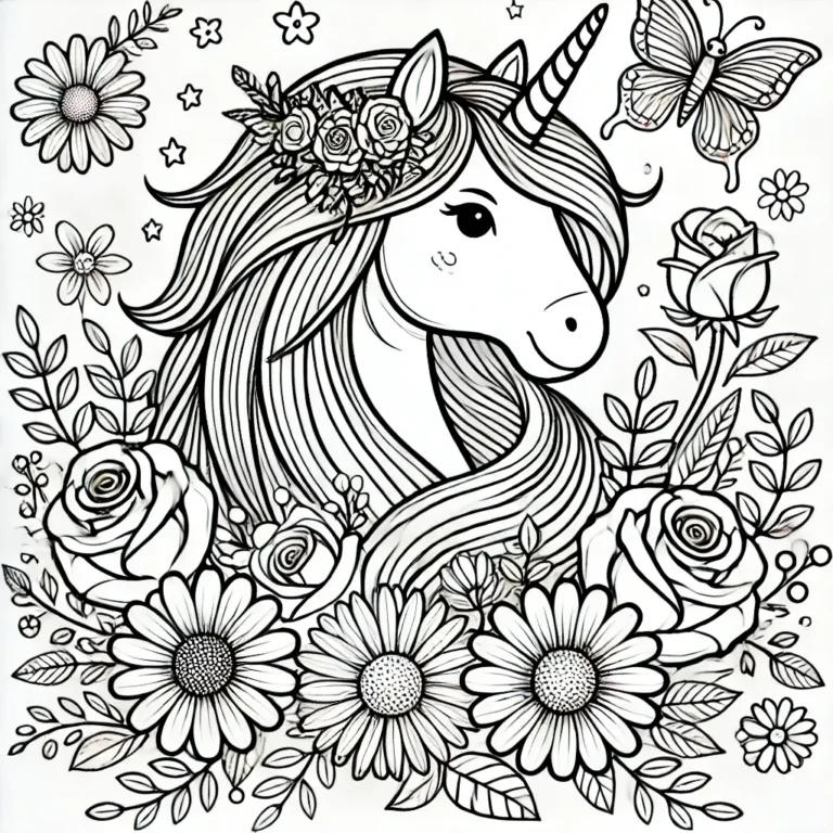Einhorn-Ausmalbild mit Blumen, Rosen und einem Schmetterling.