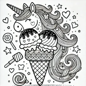 Einhorn Eiscreme Ausmalbild Ausmalbild mit Einhorn und Eisbecher, Lutscher und Bonbons mit Herzen und Sternen.