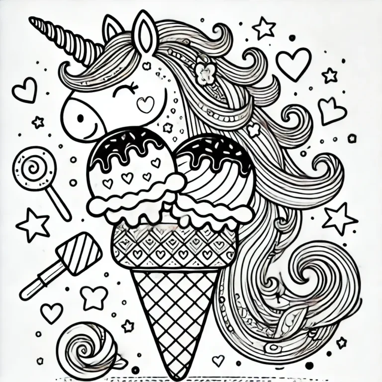 Ausmalbild mit Einhorn und Eisbecher, Lutscher und Bonbons mit Herzen und Sternen.