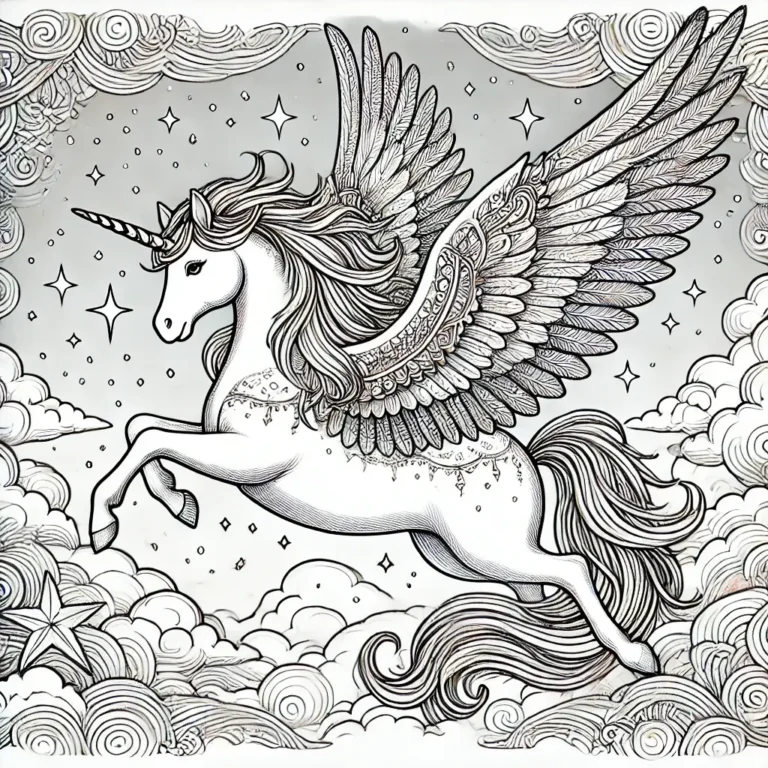 Ein majestätisches Einhorn mit Flügeln, das durch die Wolken und Sterne fliegt, perfekt für ein magisches Ausmalerlebnis.
