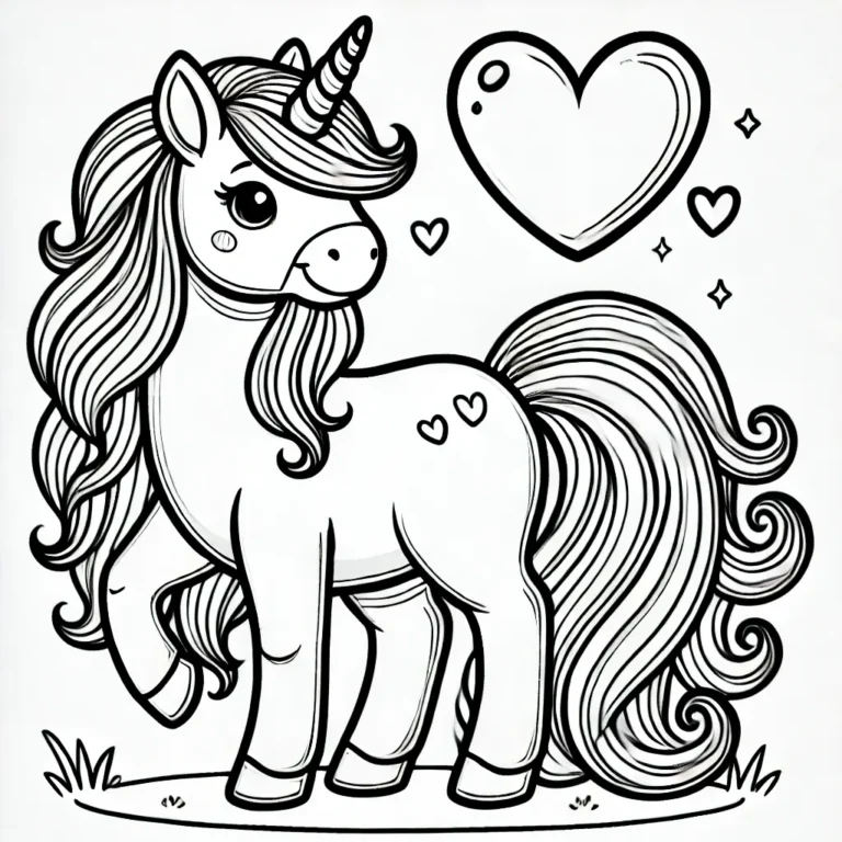 Ein niedliches Einhorn mit Herzen, ideal für ein kreatives Ausmalbild.