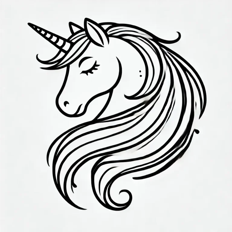 Einfaches Einhorn-Outline-Ausmalbild mit fließender Mähne und Horn.