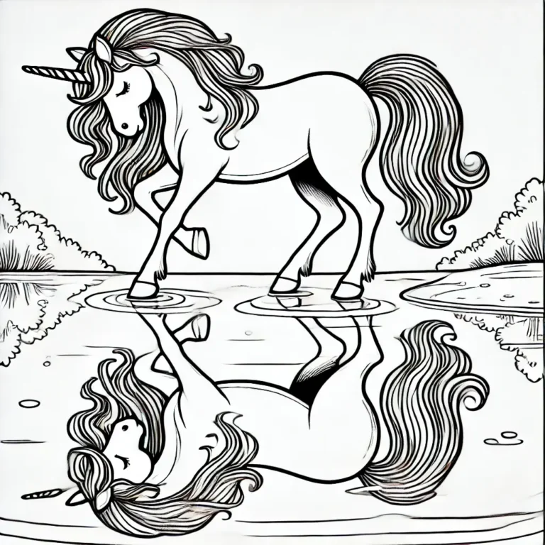 Einhorn-Ausmalbild mit seiner Reflexion im Wasser.
