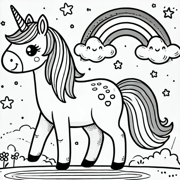 Süßes Einhorn mit Regenbogen und Sternen zum Ausmalen für Kinder.