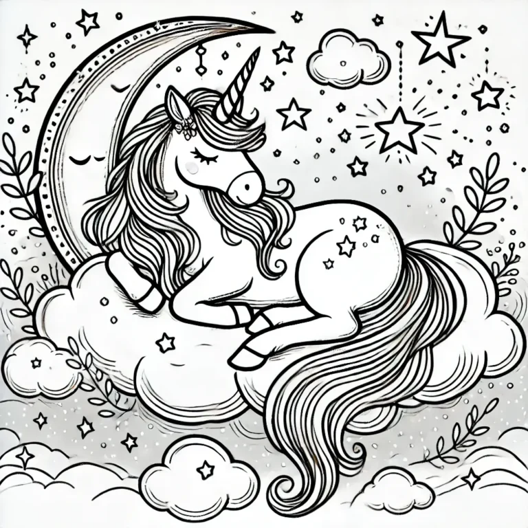 Ein friedliches Einhorn schläft und träumt mit Sternen und Wolken, ideal für ein Ausmalbild.