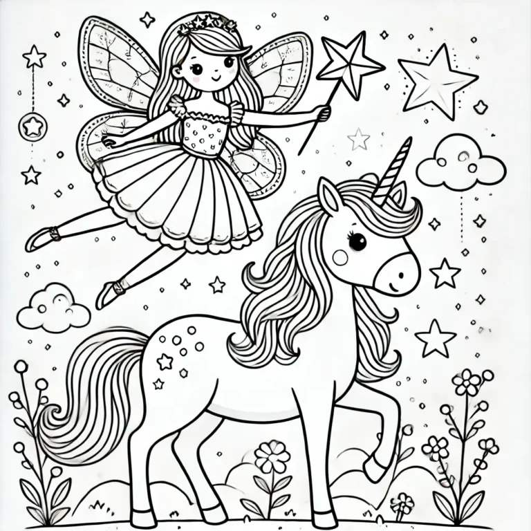 Fee reitet ein Einhorn-Ausmalbild mit Sternen, Schmetterlingen und einem Zauberstab.