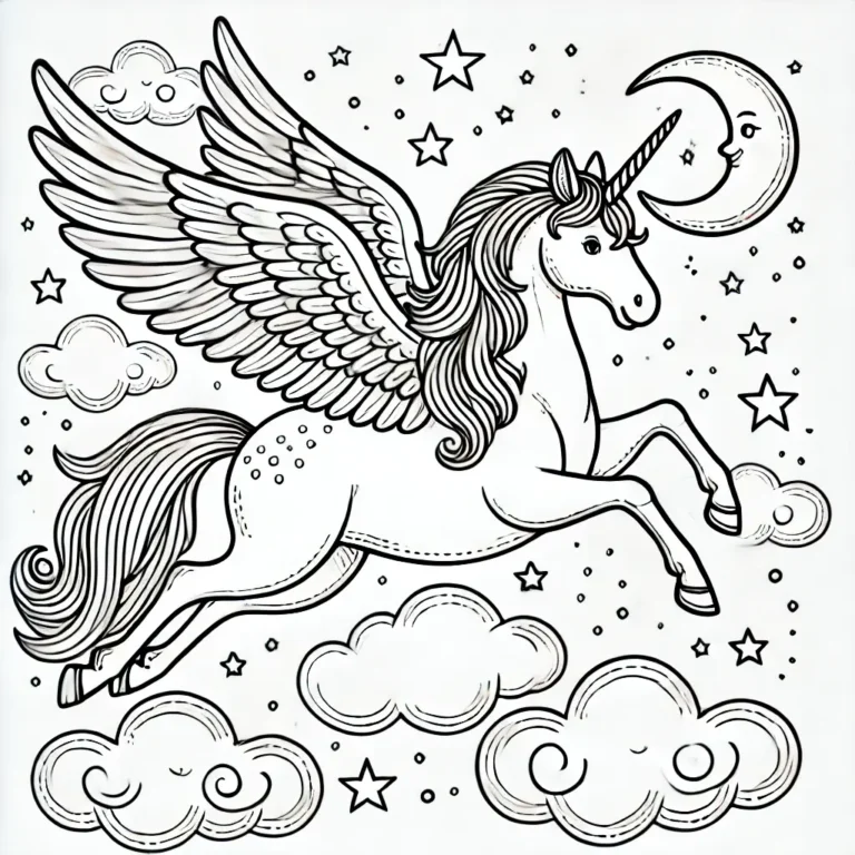 Pegasus-Einhorn-Ausmalbild mit Flügeln, Sternen und Wolken.