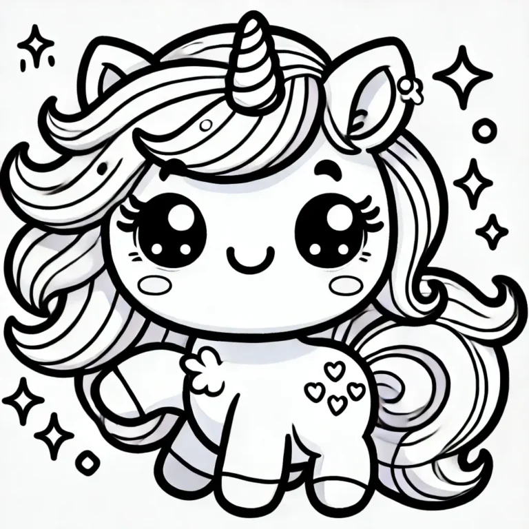 Kawaii Einhorn-Ausmalbild mit Herzen und Glitzer.