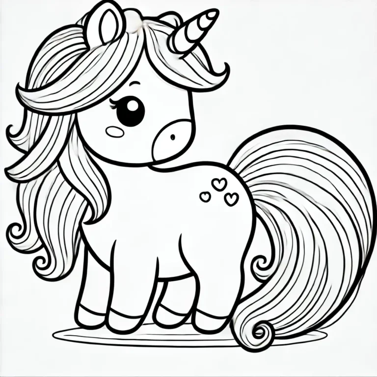 Kleines Einhorn mit langer Mähne und Herzen an der Seite-Ausmalbild.
