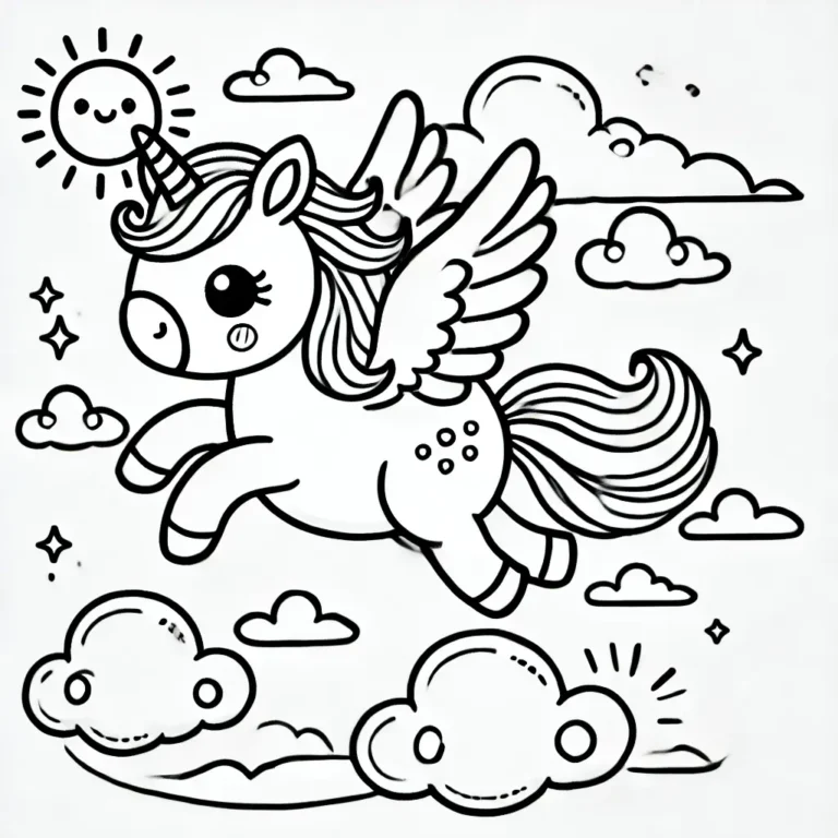 Ein niedliches kleines Pegasus, das durch die Wolken fliegt, mit Flügeln, einer lächelnden Sonne und Sternen, perfekt für das Ausmalen von Kindern