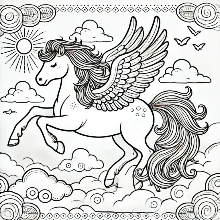 Magisches Ausmalbild mit einem fliegenden Pegasus auf Wolken. Jetzt als PDF kostenlos herunterladen, ausdrucken und fantasievoll ausmalen!