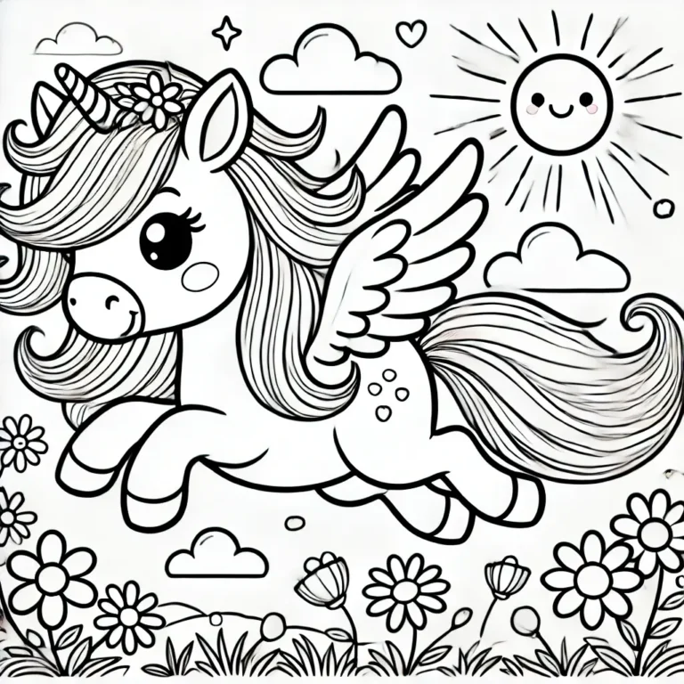 Ein niedliches Pegasus mit Flügeln und einem Blumenkranz, das durch den Himmel fliegt, umgeben von Sonne, Wolken und Blumen, perfekt für ein kostenloses Ausmalbild für Kinder.