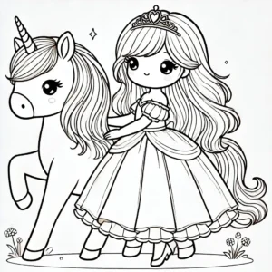 Prinzessin Einhorn Ausmalbild Prinzessin reitet ein Einhorn-Ausmalbild mit einer Krone, fließendem Haar und einem schönen Kleid.