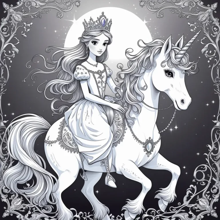 Prinzessin reitet ein Einhorn-Ausmalbild mit einer Krone, elegantem Kleid und einem mondbeleuchteten Hintergrund