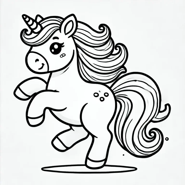 Niedliches Einhorn-Ausmalbild mit fließender Mähne und Schweif.