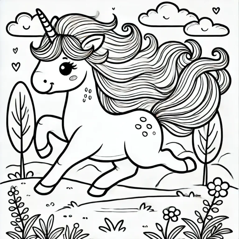 Ein wildes Einhorn, das durch eine Wiese läuft, mit fließender Mähne und Wolken darüber, perfekt für ein lustiges und magisches Ausmalerlebnis.