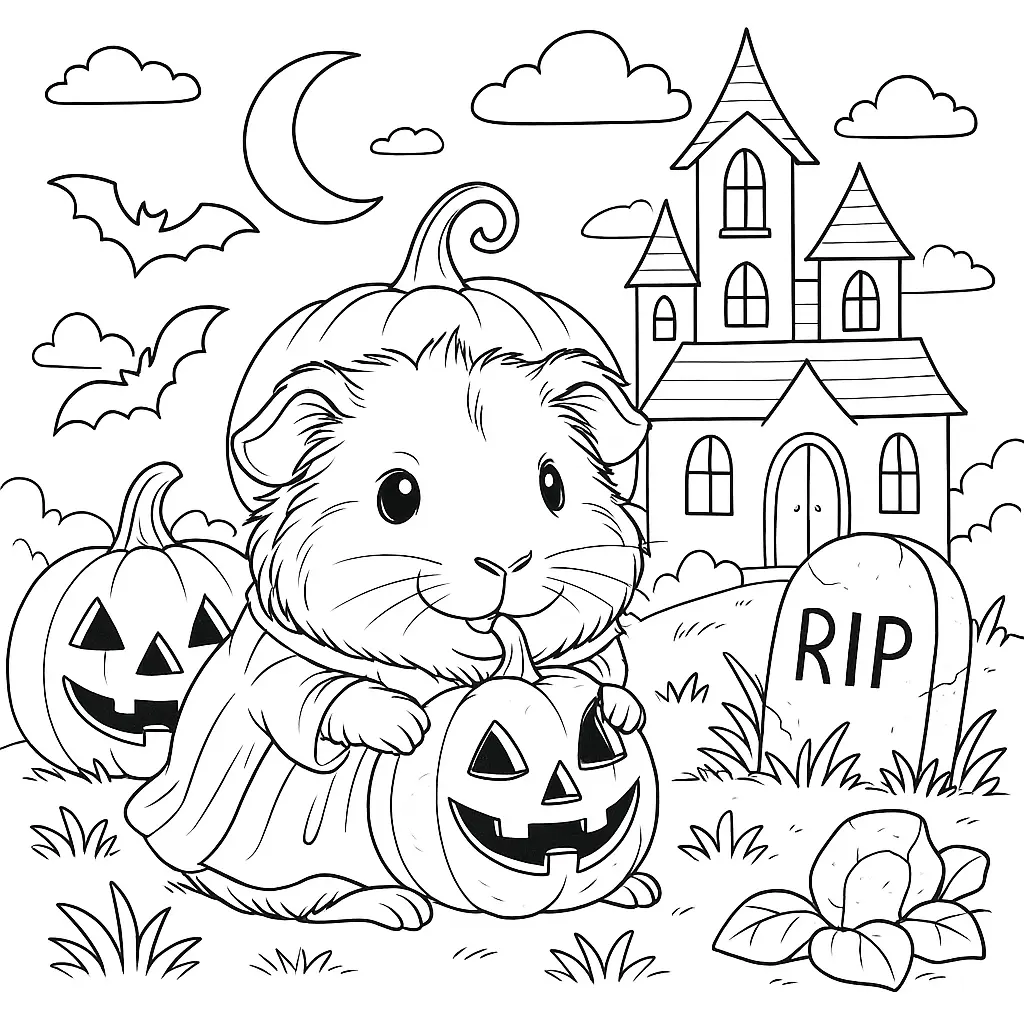 Halloween Meerschweinchen Ausmalbild – niedliches Meerschweinchen mit Kürbiskostüm, Fledermäusen, Grabstein und Spukhaus im Hintergrund.