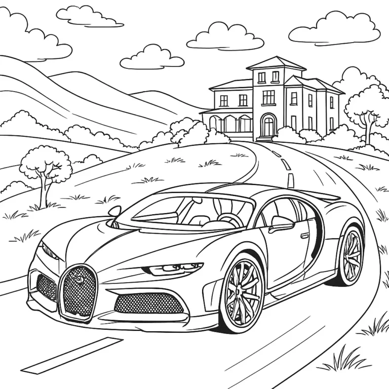 Ein kinderfreundliches Ausmalbild eines Bugatti mit Haus, Straße und Natur im Hintergrund