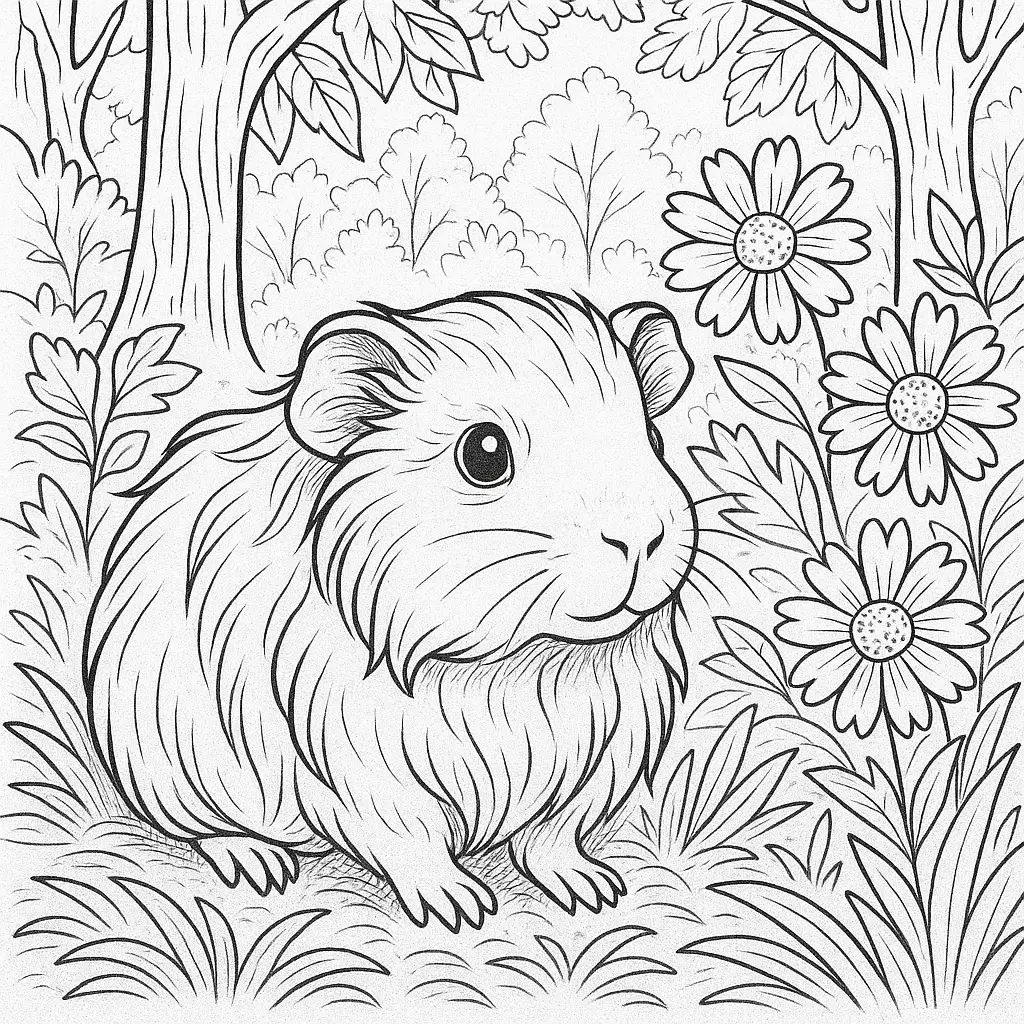 Ausmalbild Meerschweinchen im Wald – niedliches meerschweinchen ausmalbild mit Blumen und Bäumen im Hintergrund. Perfekt zum Ausdrucken!