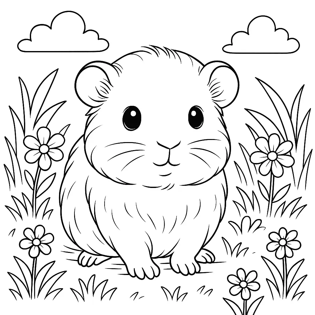 Niedliches baby meerschweinchen ausmalbild auf einer Wiese mit Blumen und Wolken – ideal für Kinder zum Ausmalen.