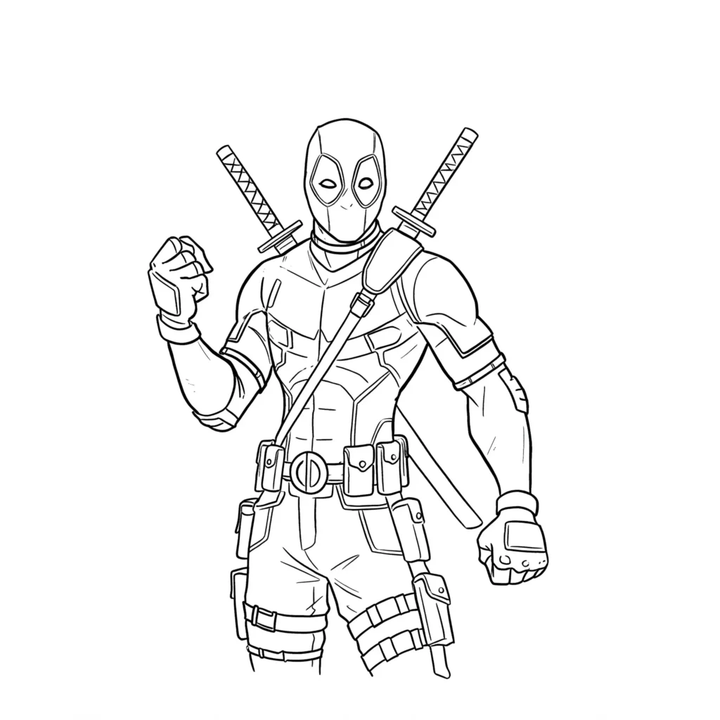 Coole Deadpool Ausmalbilder – detailreiche Malvorlage von Deadpool zum Ausmalen für Kinder und Erwachsene.