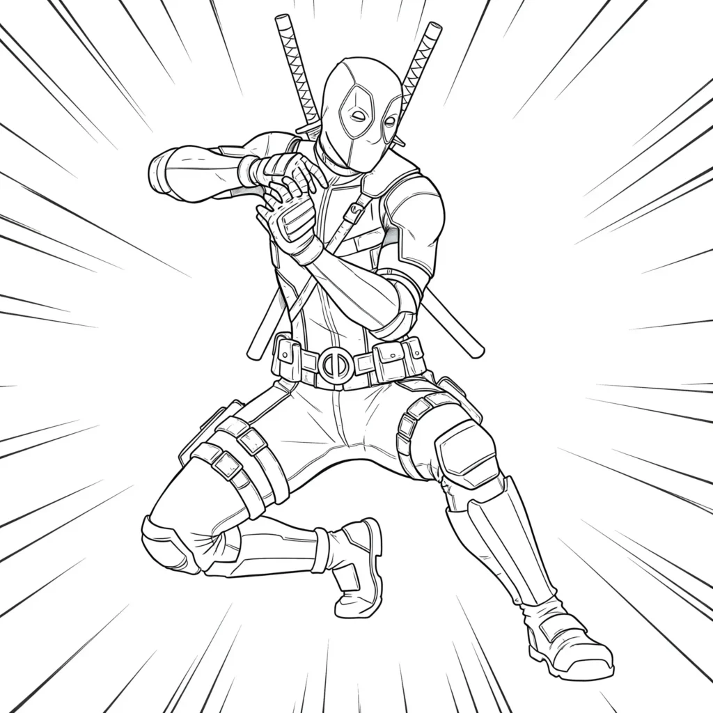 Deadpool coole Pose Ausmalbilder – stylische Malvorlage von Deadpool in cooler Superhelden-Pose zum Ausmalen.