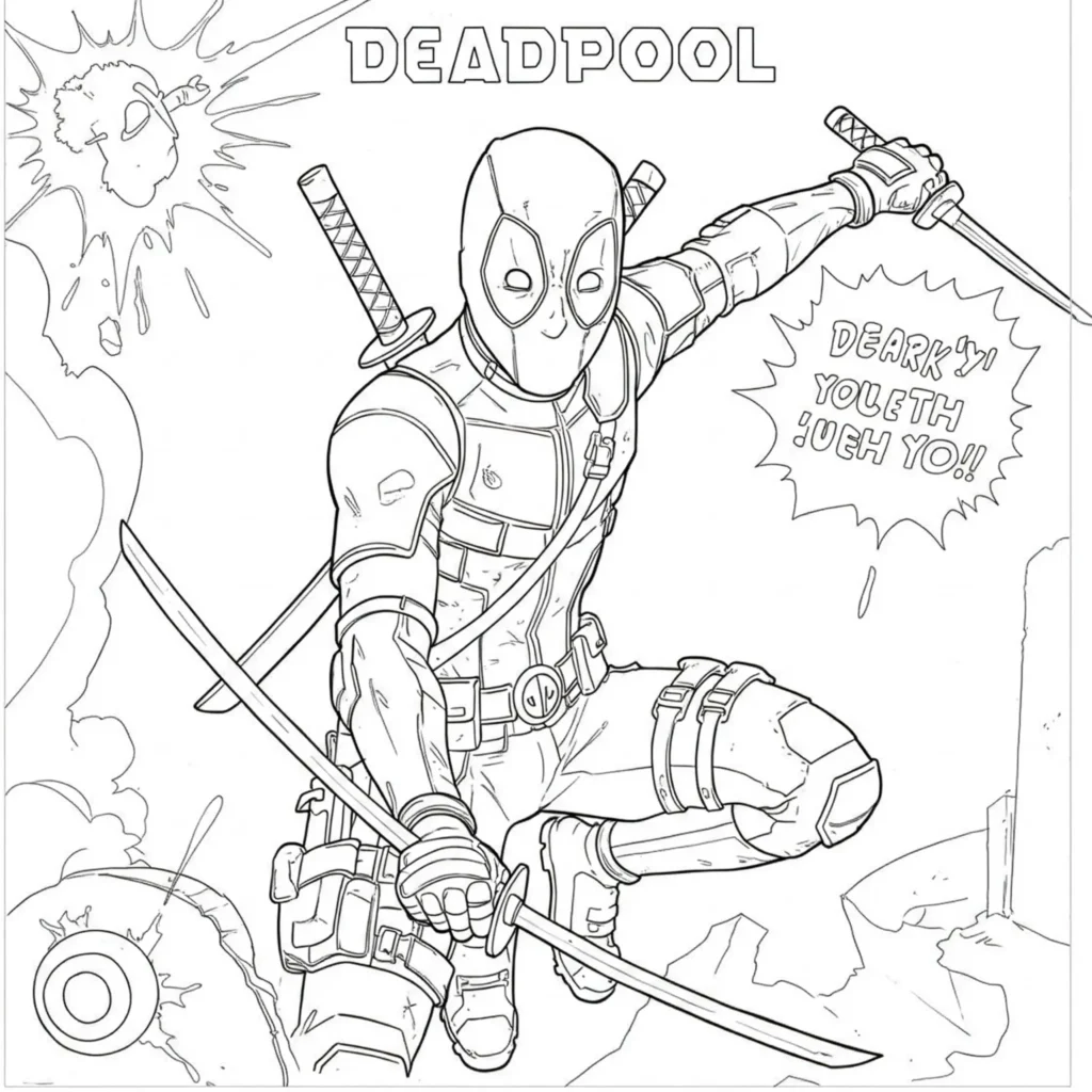 Deadpool in Action Ausmalbilder – Dynamische Marvel-Malvorlage