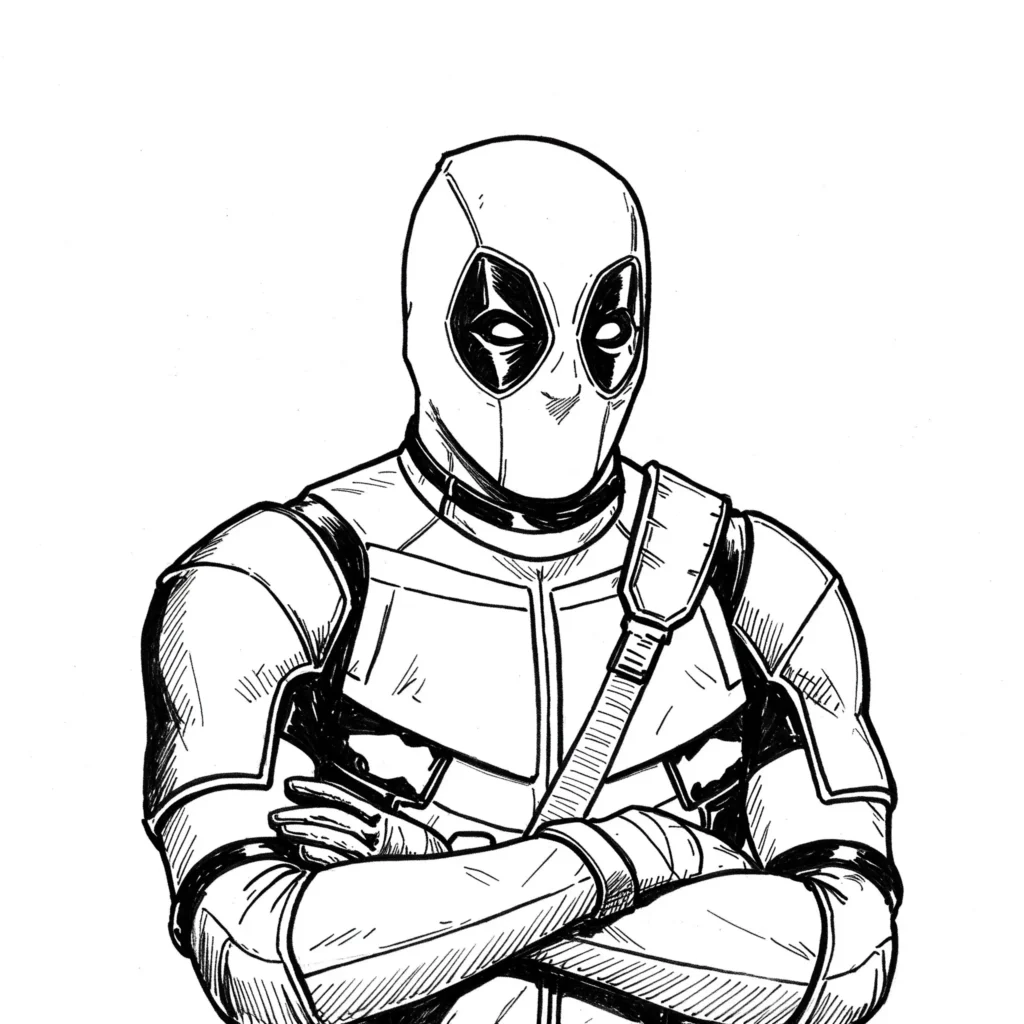 Deadpool mit Maske Ausmalbilder – klassische Malvorlage von Deadpool mit seiner ikonischen Maske zum Ausmalen.