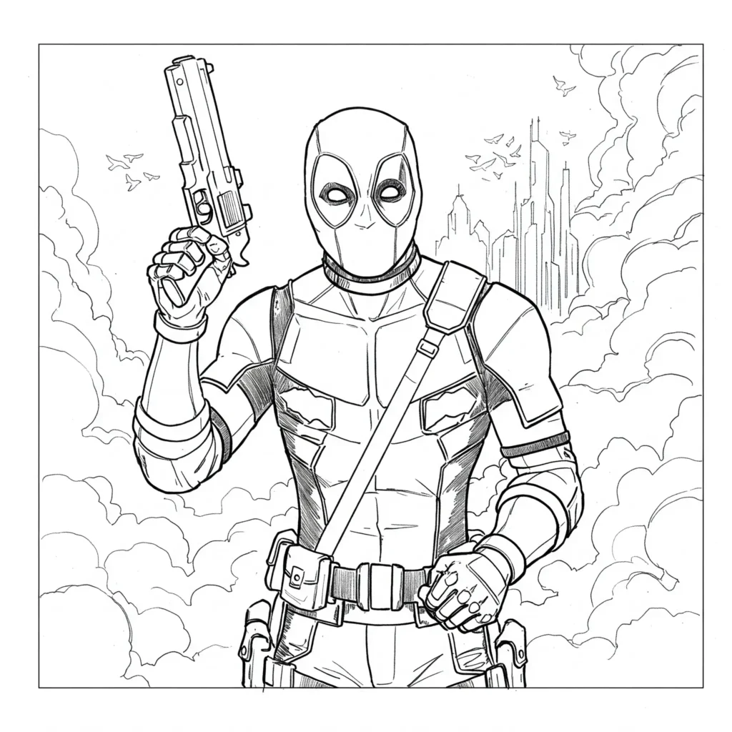 Deadpool mit Waffe Ausmalbilder – actionreiche Malvorlage des Marvel-Helden Deadpool mit Pistole zum Ausmalen.