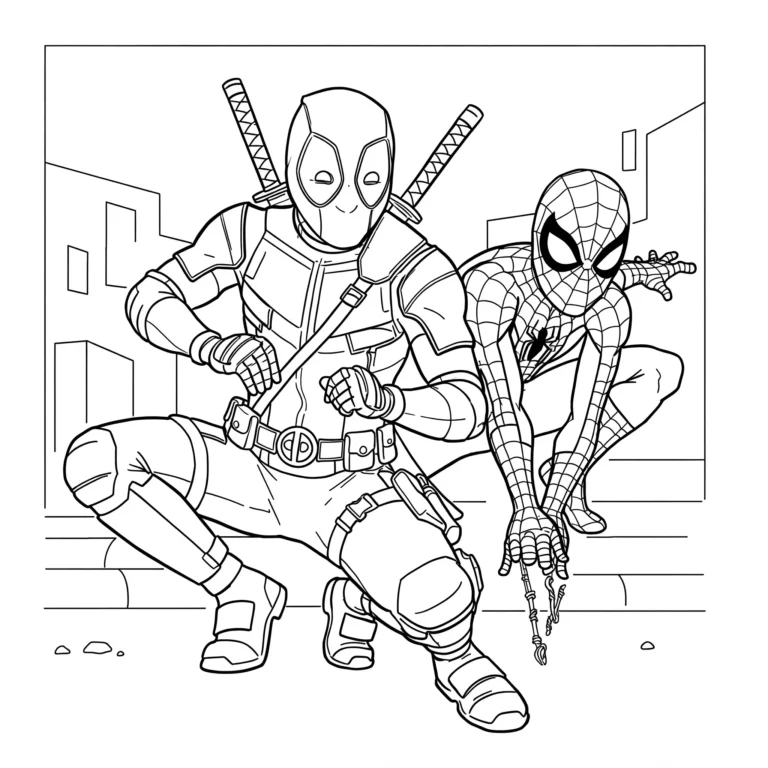 Diese Ausmalvorlage zeigt Deadpool und Spiderman gemeinsam in einem coolen Comic-Design. Ideal für alle Fans des Marvel-Universums – jetzt kostenlos als PDF herunterladen und kreativ werden.