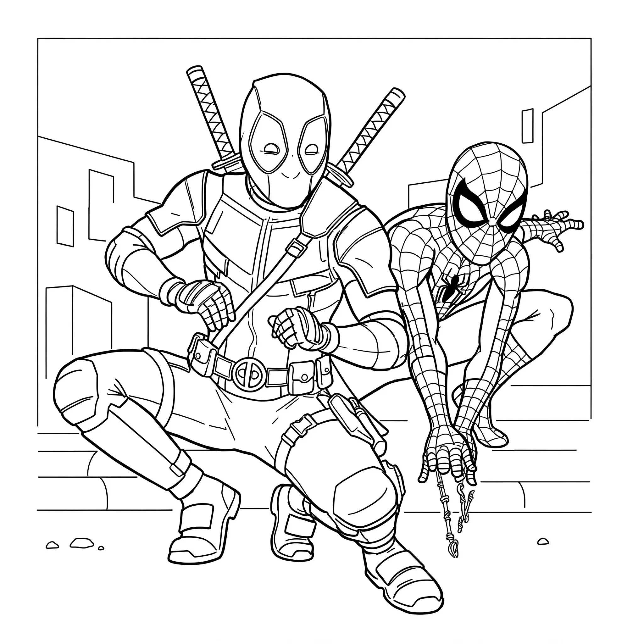 22 Deadpool Ausmalbilder Coole Marvel Malvorlage PDF drucken Diese Ausmalvorlage zeigt Deadpool und Spiderman gemeinsam in einem coolen Comic-Design. Ideal für alle Fans des Marvel-Universums – jetzt kostenlos als PDF herunterladen und kreativ werden.