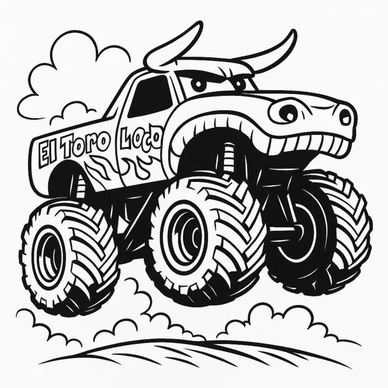 El Toro Loco Monstertruck Ausmalbild mit Flammen, Hörnern und bulligem Design – starke Malvorlage zum Ausdrucken.