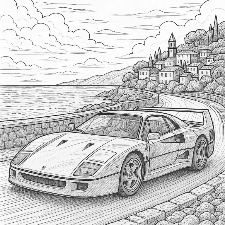Ferrari F40 Ausmalbild – Sportwagen auf Küstenstraße mit mediterraner Stadt und Meer im Hintergrund.